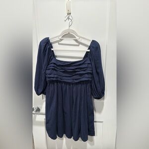 Abercrombie & Fitch - Linen Puff Sleeve Smocked Mini Dress - Navy - Size: M